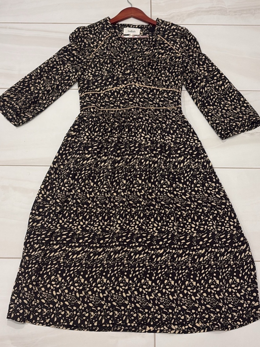ba&sh Black and Cream Long Sleeve Printed Midi Dress
